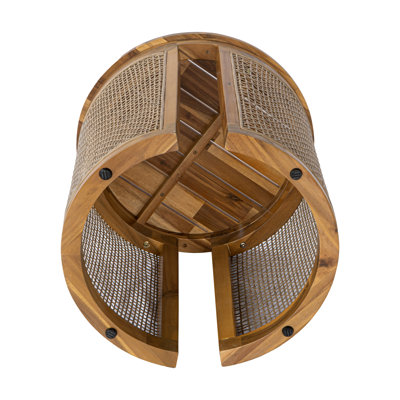 Outdoor Acacia Wood Pe Rattan Sides Round Drum Side Table And End Table