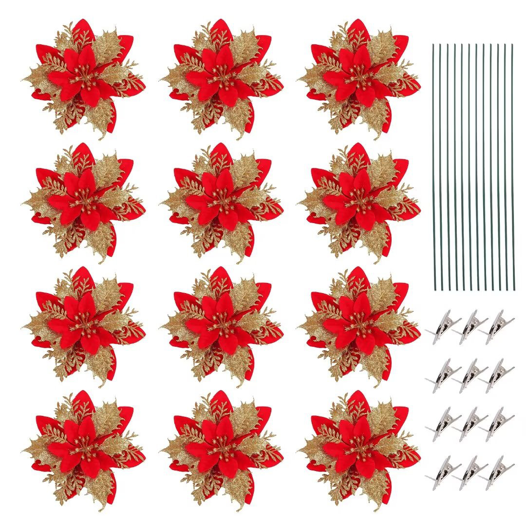 The Holiday Aisle® 12 Pcs Glitter Artificial Flowers Christmas With Clips  Stems For Christmas Decor