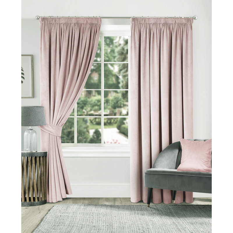 Velour Fully Lined Pencil Pleat Room Darkening Curtains, 228cm Width x 213cm Drop, Soft Pink
