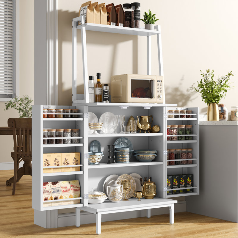 Armoire de rangement de 51 po pour garde-manger moderne, huche autoportante avec portes et tablettes, buffet avec support pour micro-ondes, café, armoire de salle à manger, salon, blanc