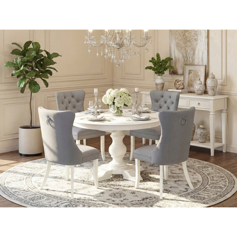 Ensemble de cuisine 5 pièces Mid-Century pour 4 personnes en polyester et table ronde / ovale - finition lin blanc.