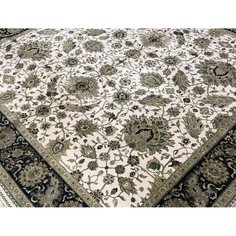 Tapis ivoire et bleu noué à la main de haute qualité