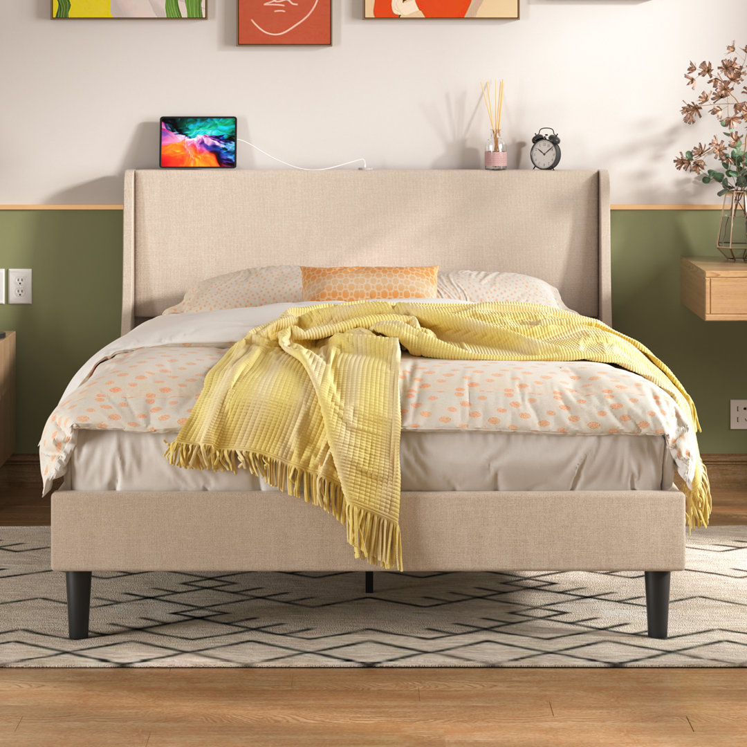 Kempst Upholstered Platform Bed with USB Ports Bed with Wingback Headboard No Box Spring Needed Trent Austin Design® 