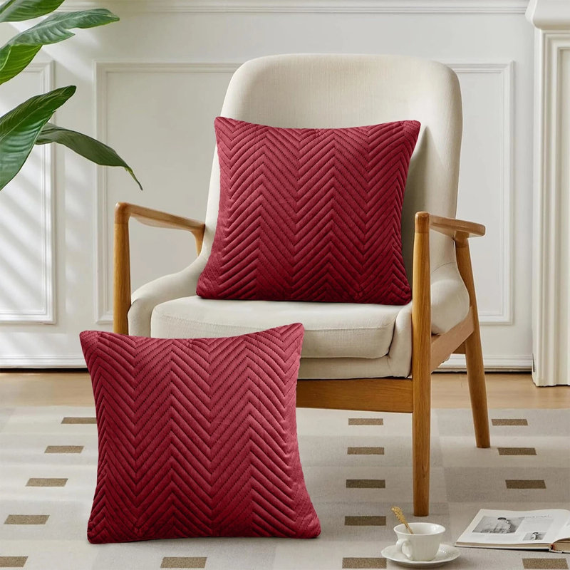 Luxury Velvet Cushion Covers Set of 2 - Embossed Quilted Chevron Cushion Cases for Sofa & Bed Décor , Burgundy