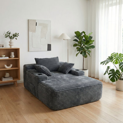 New Convertible Chaise Lounge Chair Plush With Wide Armrest & Throw Pillows, Cozy Boneless Sleeper Sofa Bed Armchair, With Cup Holder,For Living Room, Bedroom, No Assembly Required,Gray