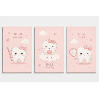 Grand ensemble de 3 impressions sur toile à dent rose, jolies filles, salle de bain pour chambre d'enfant, impression sur toile 16 x 24 pouces - prête à être accrochée