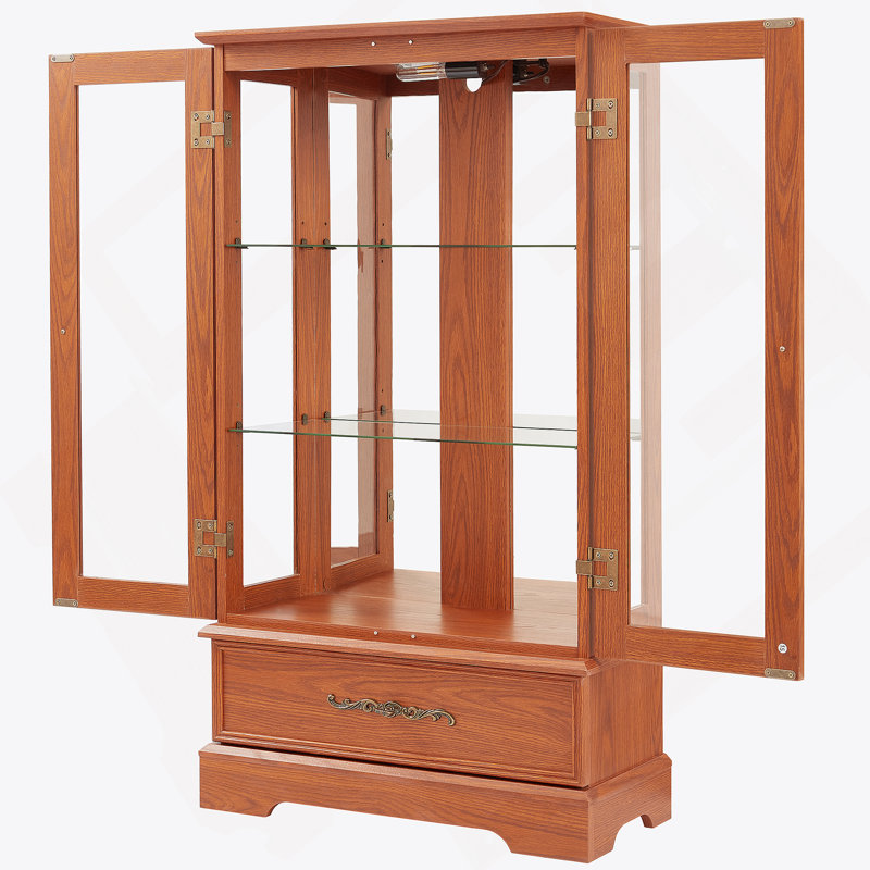 Vitrine lumineuse en verre avec tablettes réglables, poignées rétro, dispositif anti-basculement, tiroir et dossier en miroir pour exposer des objets précieux
