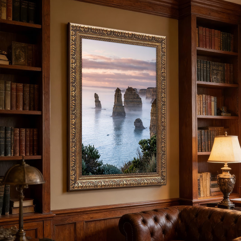 Art mural en toile noyer doré encadré pour le salon, la chambre à coucher, le bureau ou le vestibule - décoration murale décorative avec falaises de l'océan