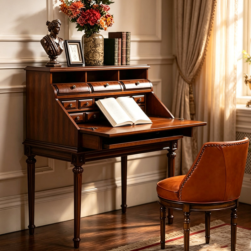 Coiffeuse à rabat en bois massif Vintage, Bureau d'écriture multifonctionnel