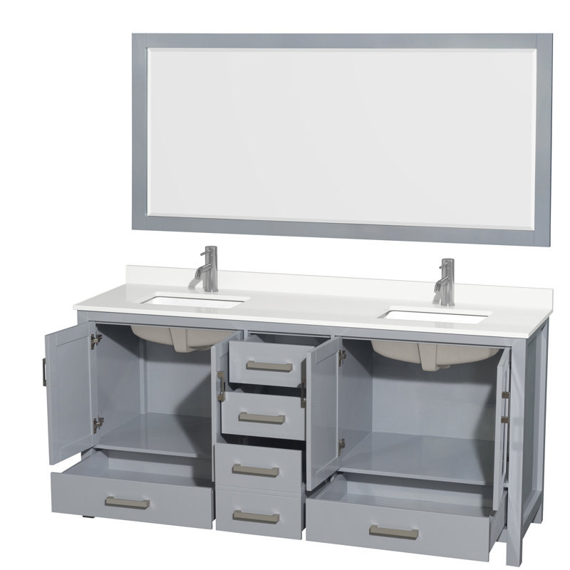Meuble-lavabo double 72 po avec plateau en quartz et miroir Sheffield, Gris, Chrome, Quartz blanc