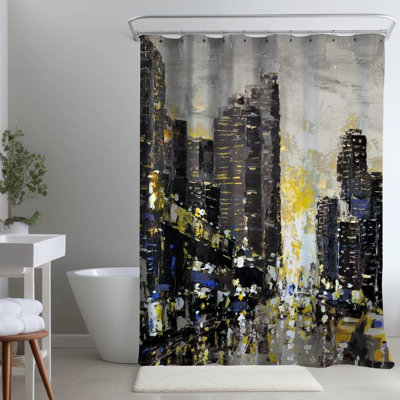 Building Cities – Abstract City with Yellow Taxis – Polyester Shower Curtain, Dye Sublimation Print, 71" W × 74" L