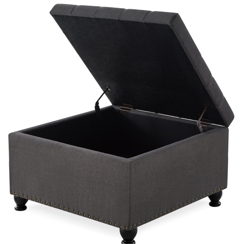 Comfortable Button Storage With Wood Legs, Dark Grey For Indoor Use Wooden Legged Upholstery And Compartment, Dark Gray