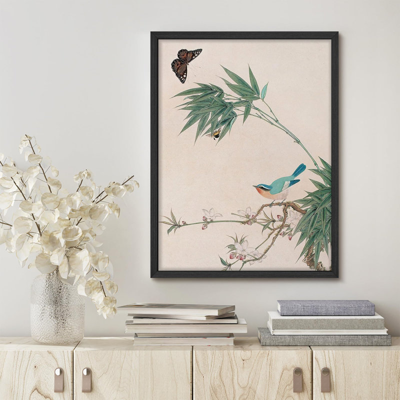 «Delicate Bird and Bamboo with Butterfly in Nature-Inspired Art», affiche rustique encadrée, Naturel / naturel
