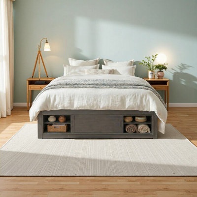 Queen Size Platform Bed with 4 Storage Drawers & Footboard Cubby - Modern Space-Saving Design, No Headboard, Antique Gray
