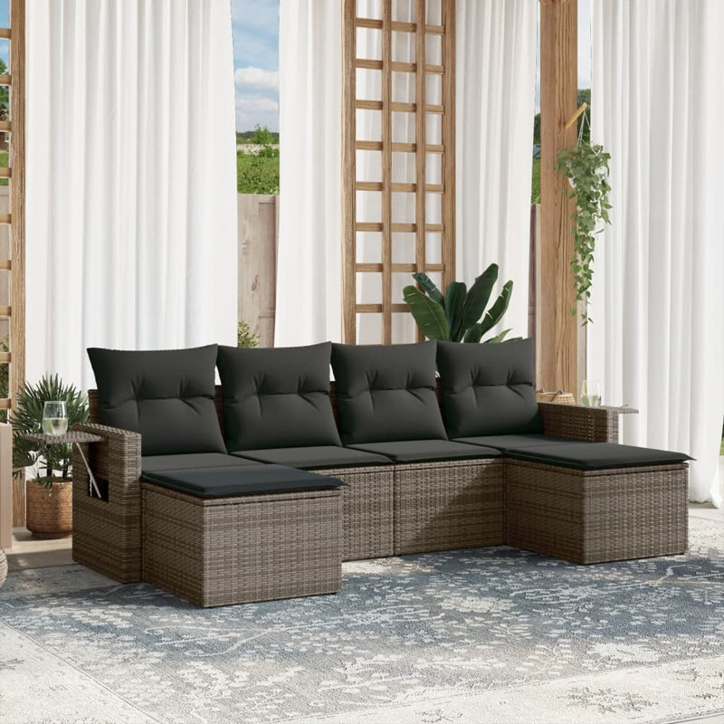  Ensemble de canapé de jardin avec accoudoirs réglables en rotin PE gris, Coussin gris / cadre gris