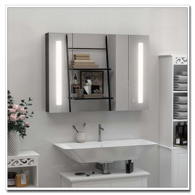 Armoire de salle de bain à DEL avec miroir et armoire de rangement murale avec 3 armoires et fonction mémoire USB