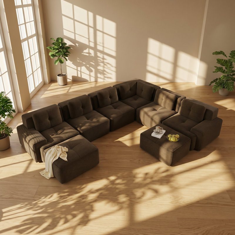 Aurelia Modular 142" W x 106" D x 31" H 6-Seater Tufted Corduroy Sectional Sofa with 2 Ottomans