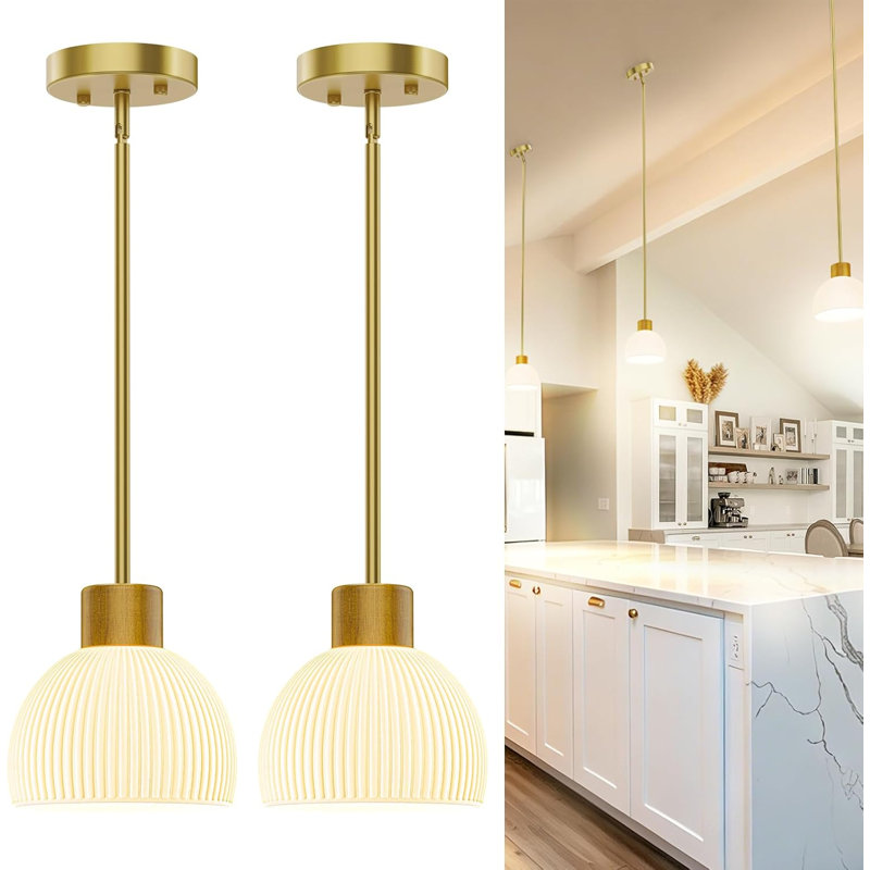 Ensemble de 2 luminaires suspendus dorés - luminaire suspendu moderne avec abat-jour en verre, câblé avec tige en métal réglable, pour le vestibule de la salle à manger de l'îlot de cuisine
