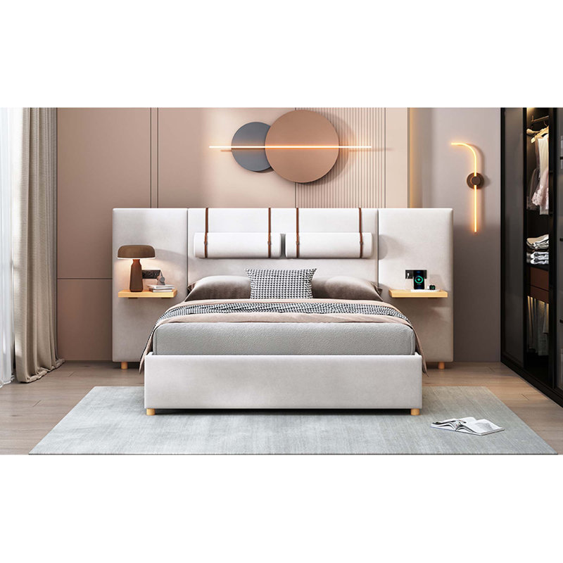 Upholstered Platform Bed,Two Outlets And USB Charging Ports On Both Sides, Two Bedside Pillows, Storage Shelves,Velvet, Beige