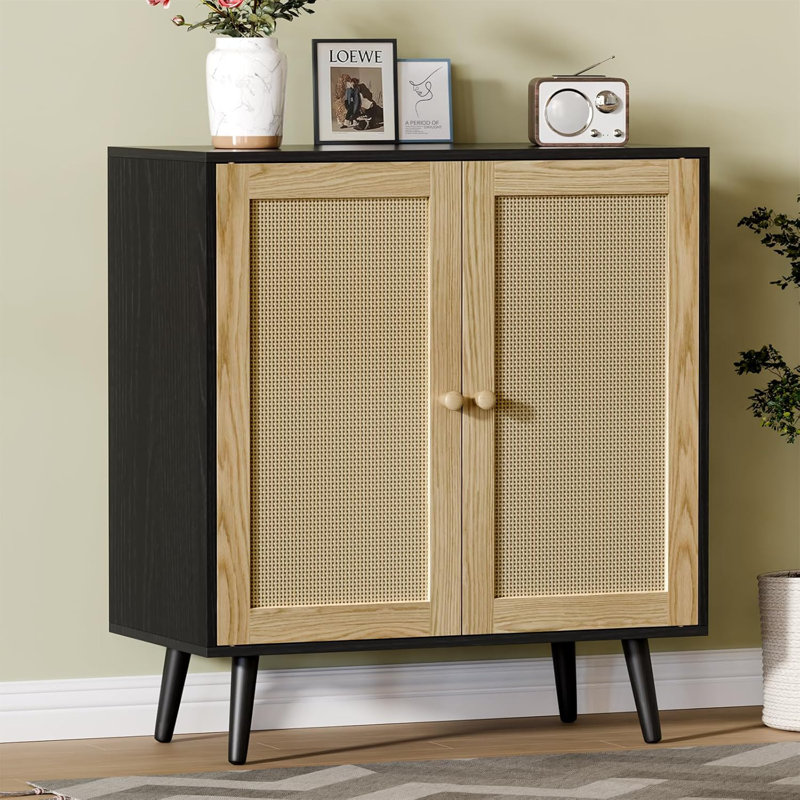 2 Door Rattan Storage Cabinet, Wood Kitchen Sideboard Buffet Console Table With Shelves For Kitchen & Entryway Storage, Black
