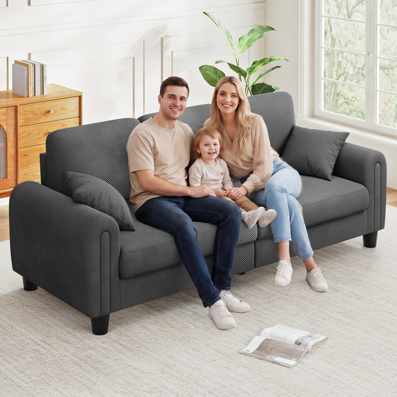 Canapé moderne gaufré 3 places 85 pouces avec 2 coussins décoratifs, cadre en bois massif pour petit espace, Gaufré, gris