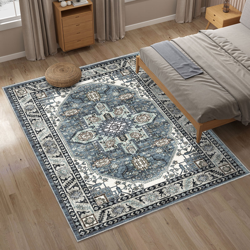 Bessi Machine Washable Oriental Blue Area Rug, Rectangle 6' x 9'