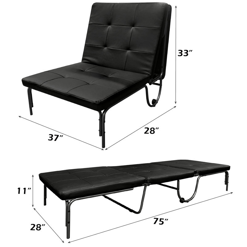 Adjustable Black Chair Futon Convertible To A Foldable Bed, Pu Upholstered Cushion For Style, Metal Frame And Caster Wheels, 220Lbs Weight Support, Size 37"W X 28"D 33"H, Bed 75"W 11"H Finish With