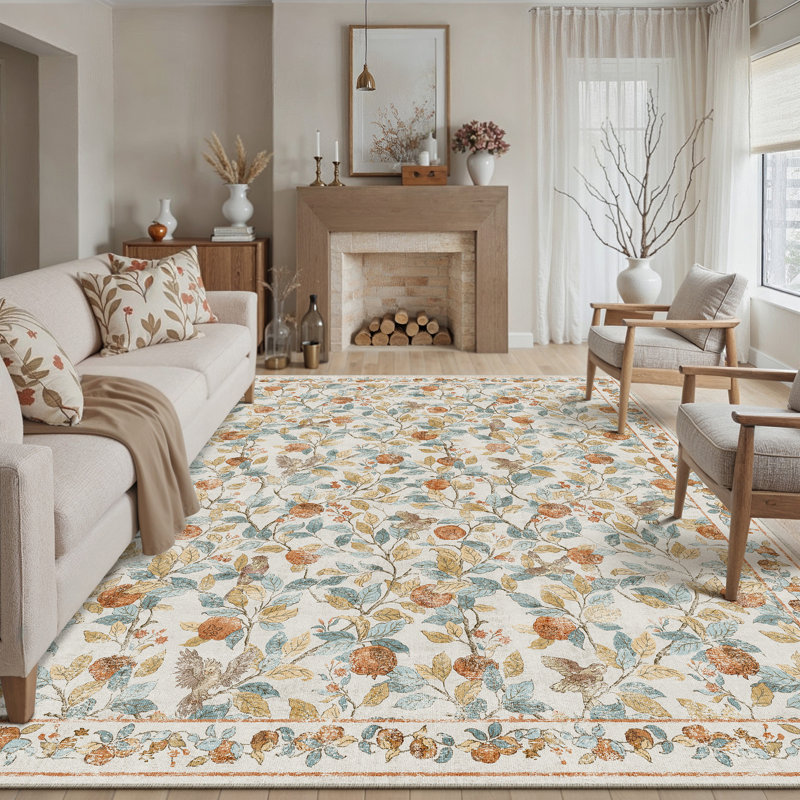 Tapis botanique rétro Pomegranate Blossom, Beige, Rectangle 8'6" x 11'6"