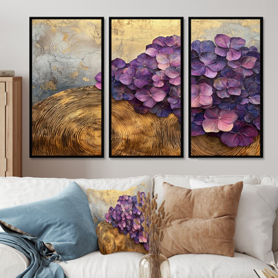 Fleurs d'hortensia lavande sur glissade en bois - art mural hortensia - ensemble de 3