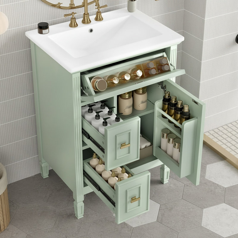 Meuble-lavabo simple 24 po avec lavabo, structure en bois massif, tiroir rabattable à fermeture en douceur, deux tiroirs, trous de robinet pré-percés, assemblage facile