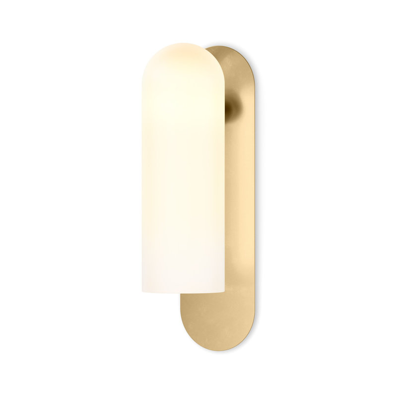 Odyssey Solid Brass Armed Sconce, Burnished Brass, 15" H x 4.25" W x 5.5" D, Opal White