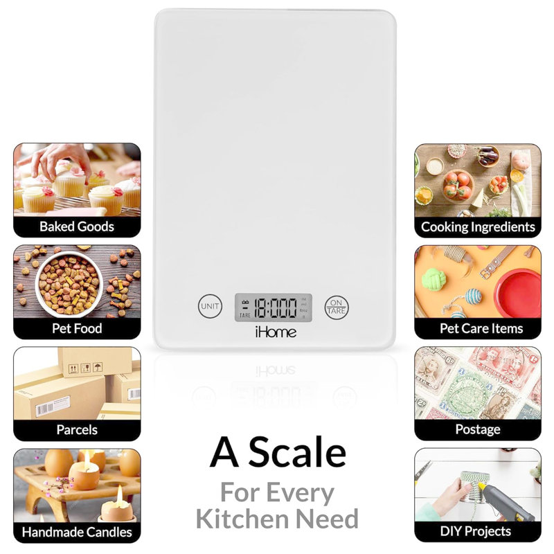 Balance de cuisine en verre iHome - balance numérique pour aliments, 11 lb / 5 kg
