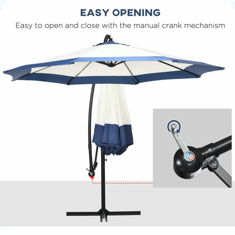 Parasol en porte-à-faux décalé de 10 pi avec manivelle et base transversale pour terrasse, jardin, piscine et jardin, parapluies suspendus, bleu marine Outsunny