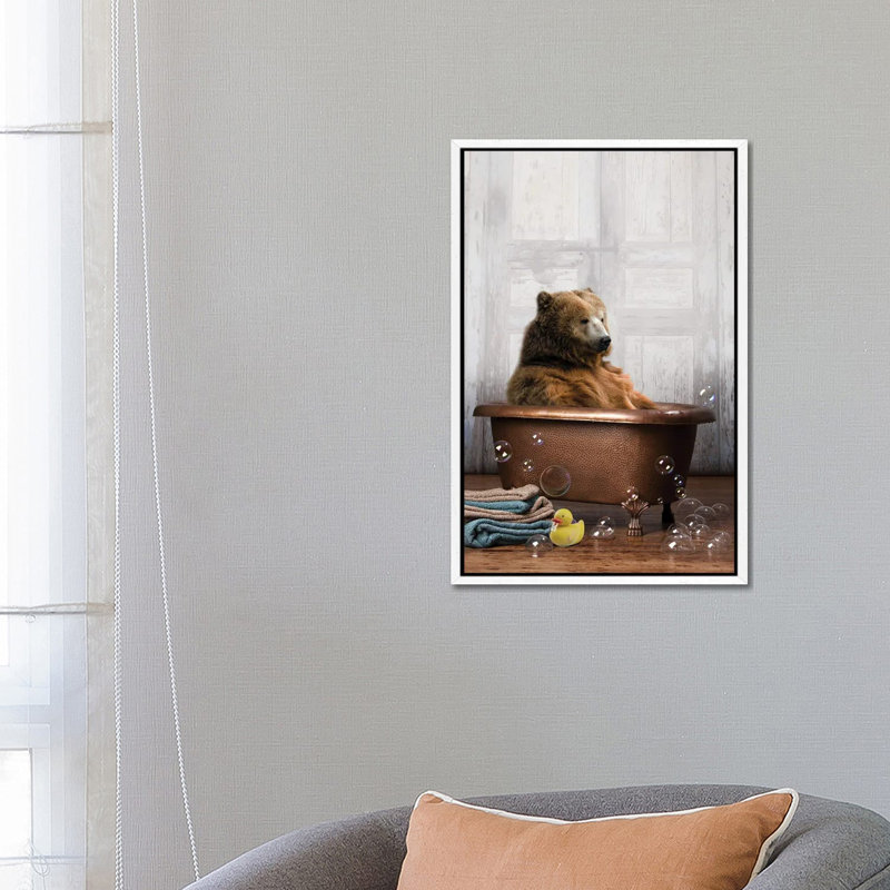 Bear in the Tub 1 Piece Wall Art on Canvas, 66.04 cm H x 45.72 cm W, White Framed Canvas