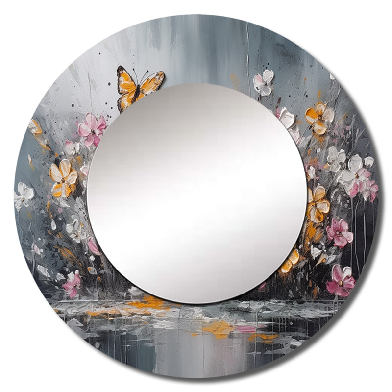 Fleurs Onno avec papillons blancs II - miroir floral, miroir mural rond rose unique, impression d'art en métal, 29 po x 29 po