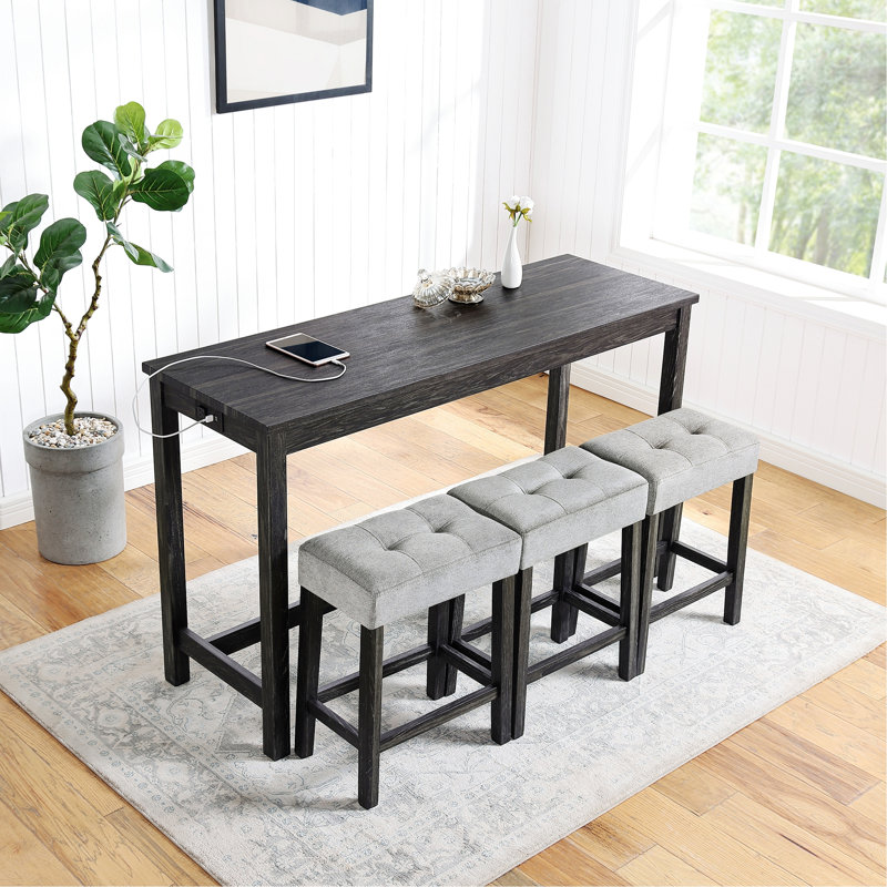 Ensemble de table de bar avec prise de courant, idéal pour le salon, la salle à manger et la salle de jeux, 1 table avec 3 chaises pour la salle à manger