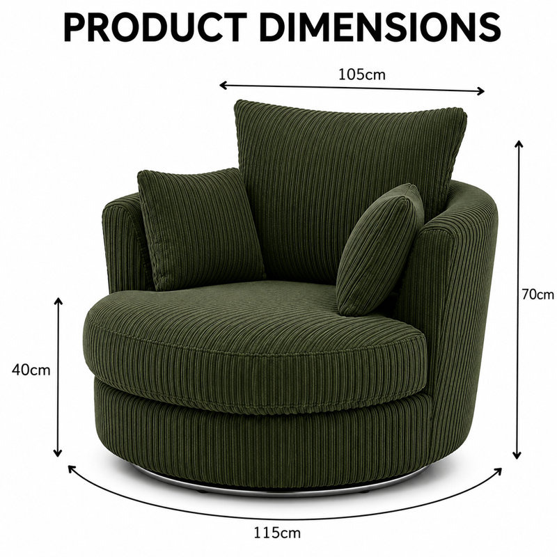 Jumbo Cord L Shape Sofa with Swivel Chair and Footstool, Forest Green