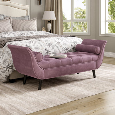 Banc rembourré en velours, banc de bout de lit avec 2 coussins, repose-pieds capitonné capitonné, repose-pieds à accoudoirs roulés, repose-pieds avec pieds en bois massif, pour vestibule, salon, salle à manger