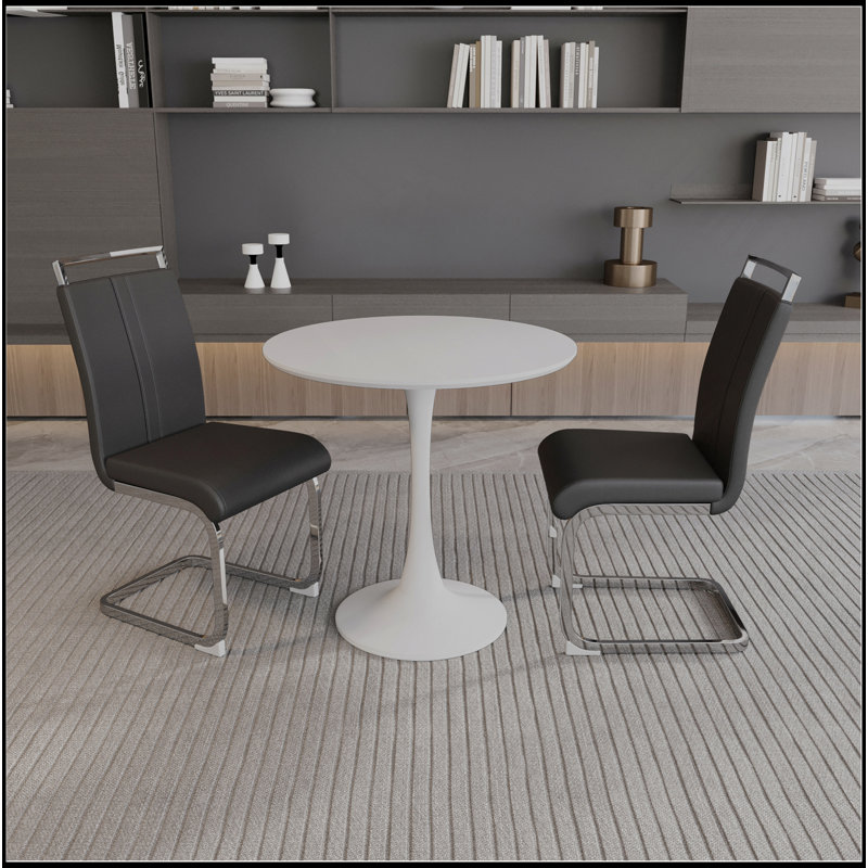 Table de salle à manger 31,5 "circulaire blanche, table de salle à manger Tulip, table de salle à manger pour 2 à 4 personnes, plateau et base en panneau de fibres à densité moyenne et 2 chaises de salle à manger en métal plaqué de polyuréthane noir