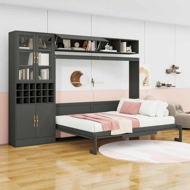 Lit escamotable en bois avec canapé et armoire et port USB, Blanc, Grand