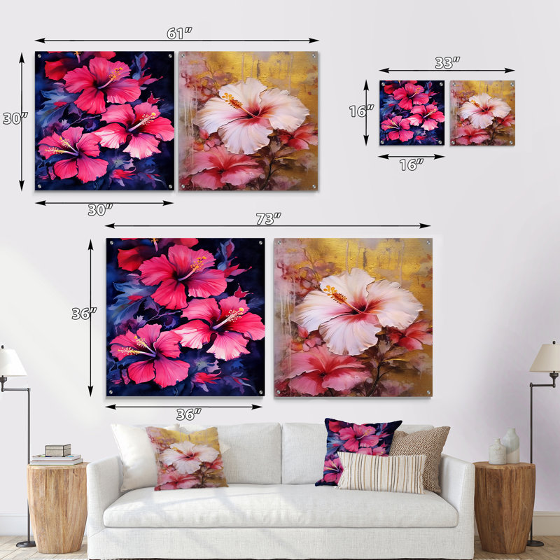 «Tropical Floral Hibiscus Beauty III - Hibiscus», ensemble de 2 peintures murales en acrylique, H 16 po x l 33 po