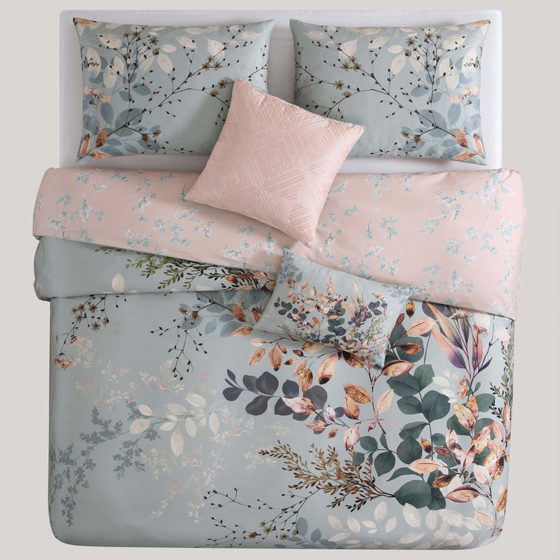 Bebejan Peach Leaves on Sage 100% Cotton 5-Piece Reversible Comforter ...