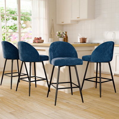 Swivel Bar Stools Set Of 4, Counter Height Bar Stools With Back & Metal Legs-Blue