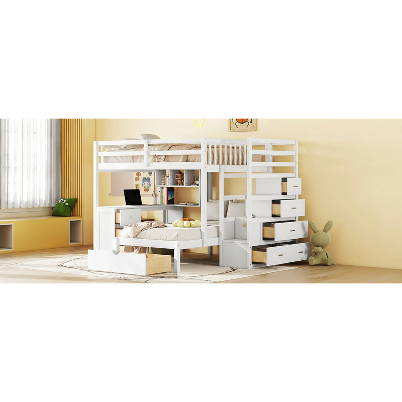 Lit superposé blanc avec compartiments de rangement supplémentaires et bureau - Organisez votre chambre à coucher au-dessus des lits simples dans un arrangement de sommeil confortable