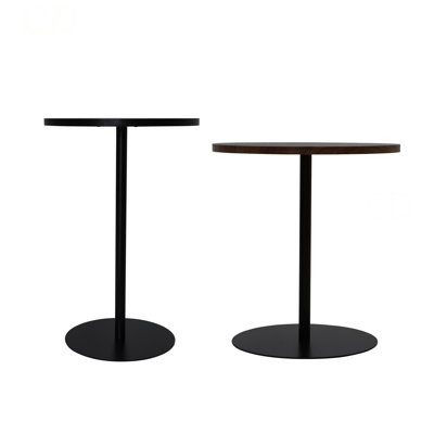 Set of 2 Small Round Side Tables, Wooden Concentric Circles Coffee Table for Two, Metal Pedestal Nightstand for Corner, Small Space, Walnut Brown and