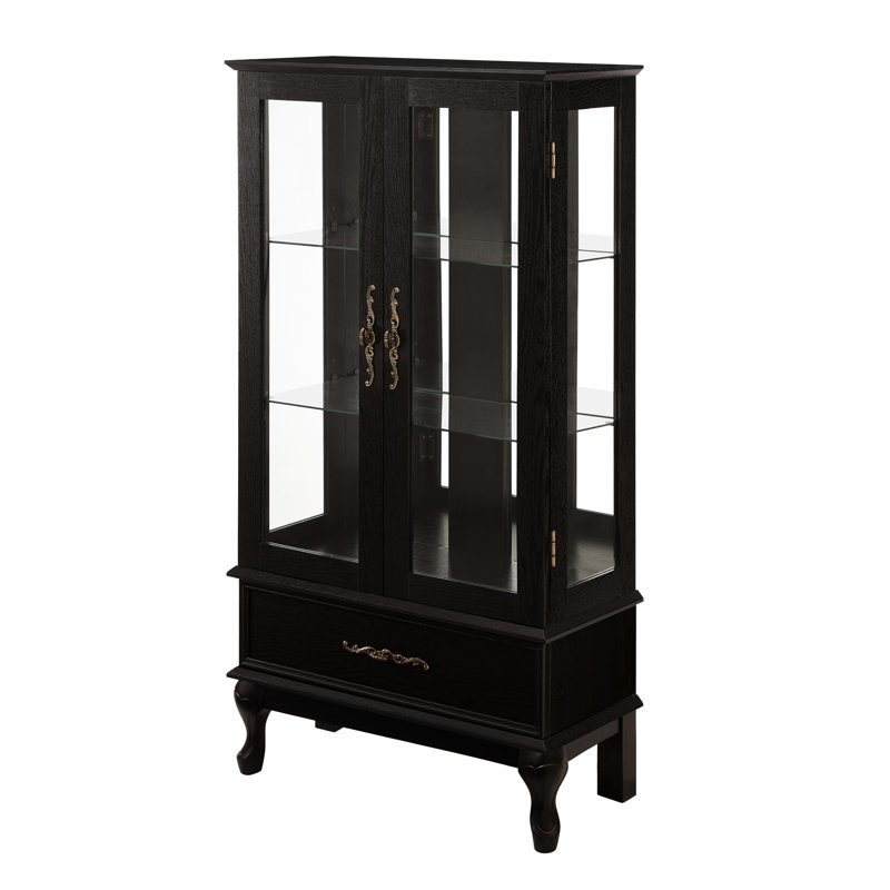 Lighted Glass Display Cabinet With Adjustable Shelves, Doors, Mirrored Back, Hidden Drawer And Vintage Metal Handles - Hassle Installation 2 Door Wine Integrated Lighting System, Black Finish, Back