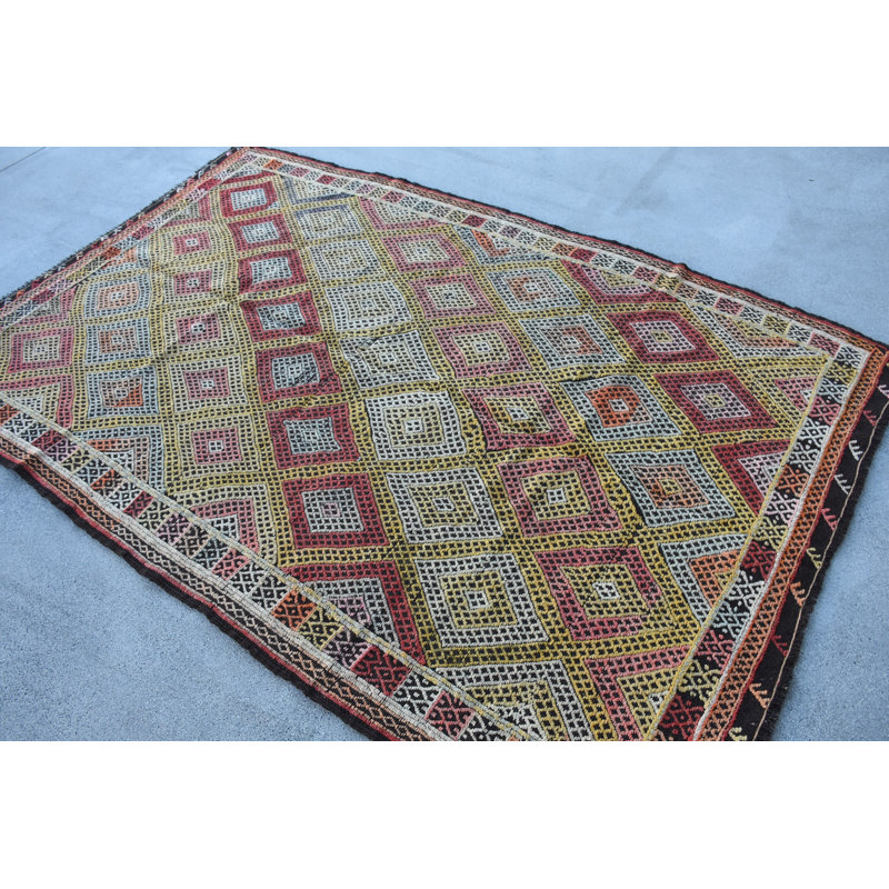 Tapis rouge à motif géométrique 6,3 x 9,65 pi