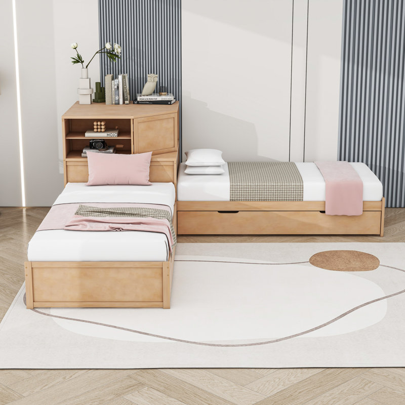 Twin L-Shaped Platform Bed with Built-in Desk, Twin Trundle and 2 Drawers, Natural