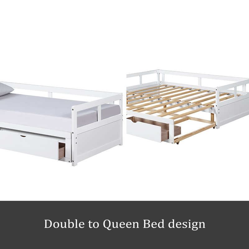 Wooden Daybed With Trundle Bed And Two Storage Drawers , Extendable Bed Daybed,Sofa Bed For Bedroom Living Room, White
