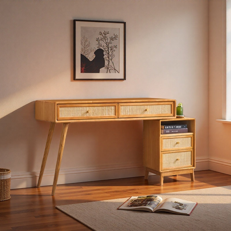 Bureau et coiffeuse en frêne et rotin